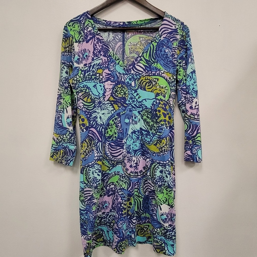 Lilly Pulitzer Christie Dress Size S Cattitude Print 3/4 Sleeve V Pima Cotton